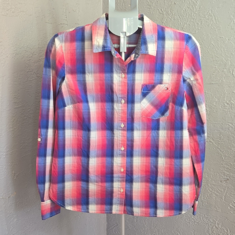 ^Tommy Hilfiger Multicolor Windowpane Plaid Shirt Preppy Western Fall Cotton